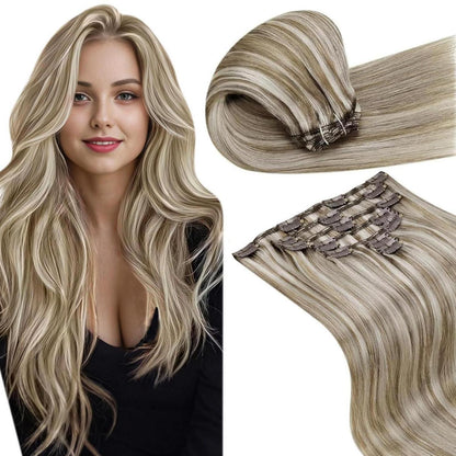 Echthaar Clip-in Extensions Hellbraun-Platinblond 50cm