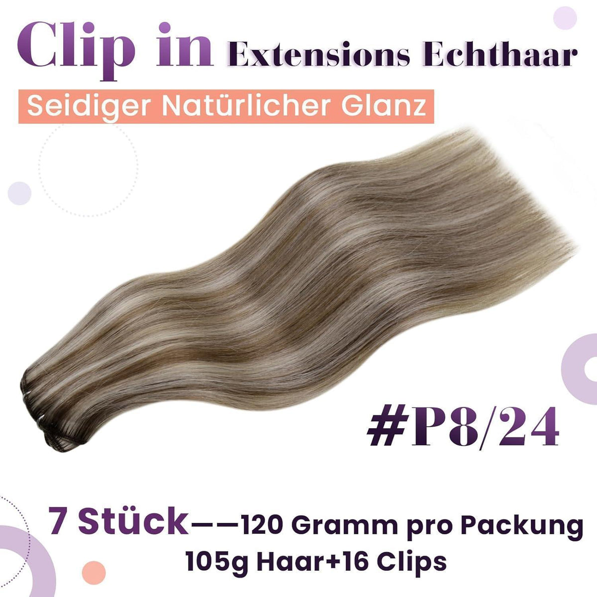 Echthaar Clip-in Extensions Hellbraun-Platinblond 50cm