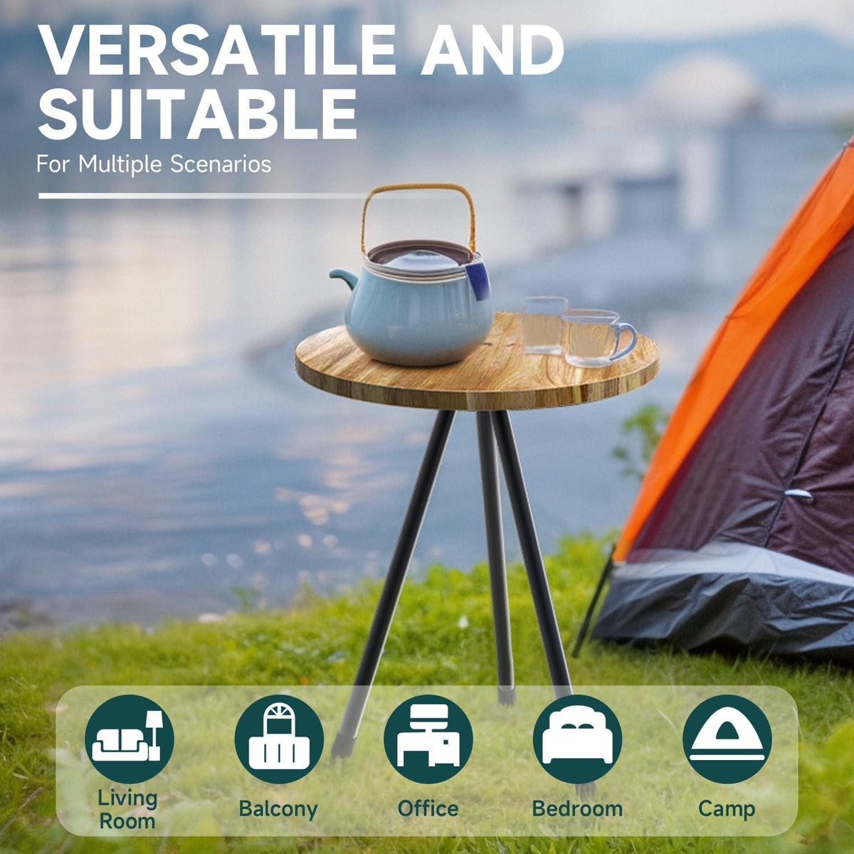Klappbarer Campingtisch Leicht Rund Teakholz für Picknick Strand Camping