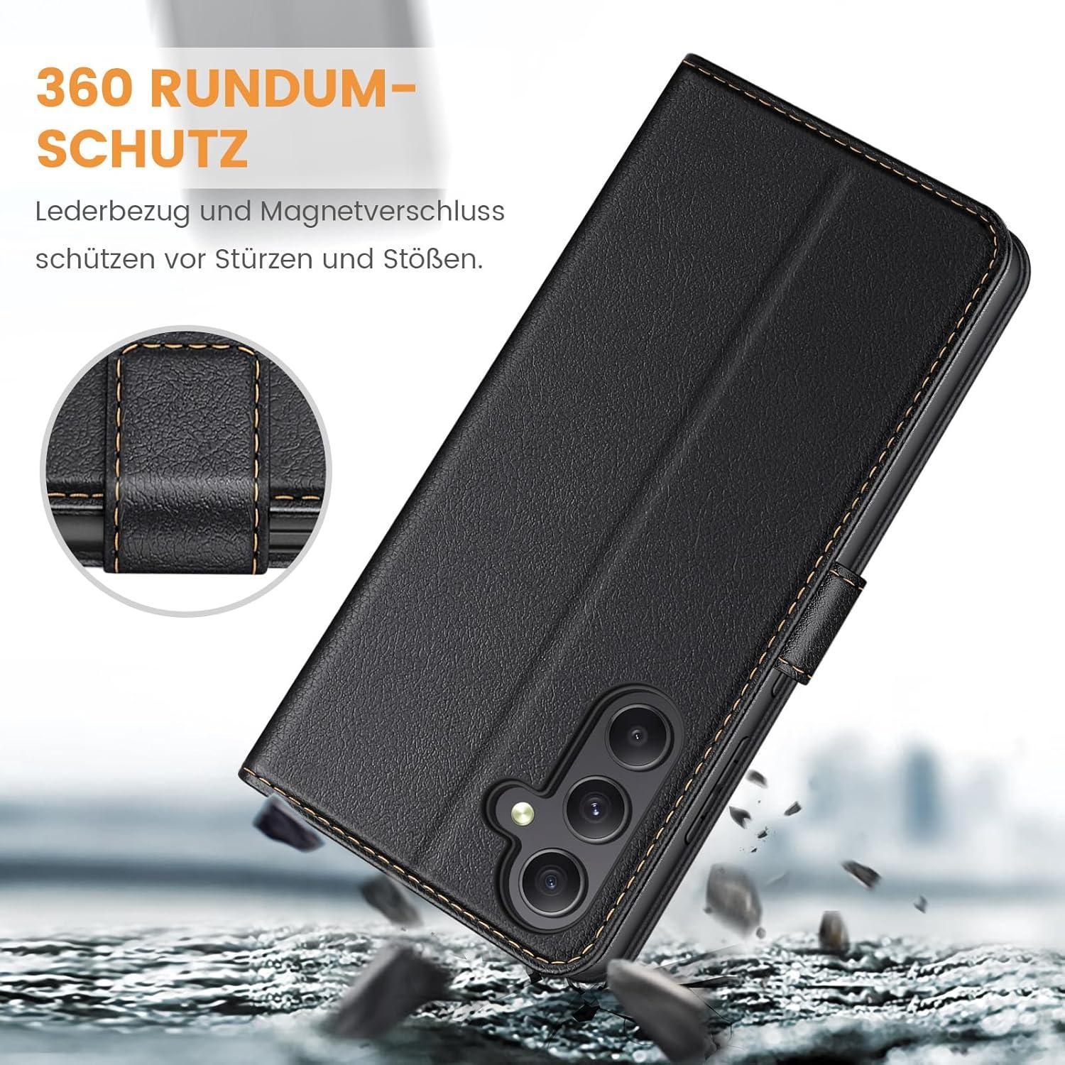 Handyhülle Samsung Galaxy A35 5G Leder Schwarz mit Kartenschlitz Standfunktion