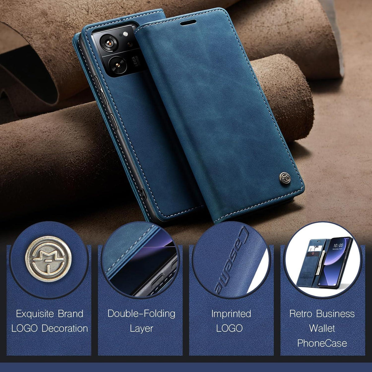Xiaomi 13T Pro Handyhülle Leder Klappbar Blau Magnet Standfunktion