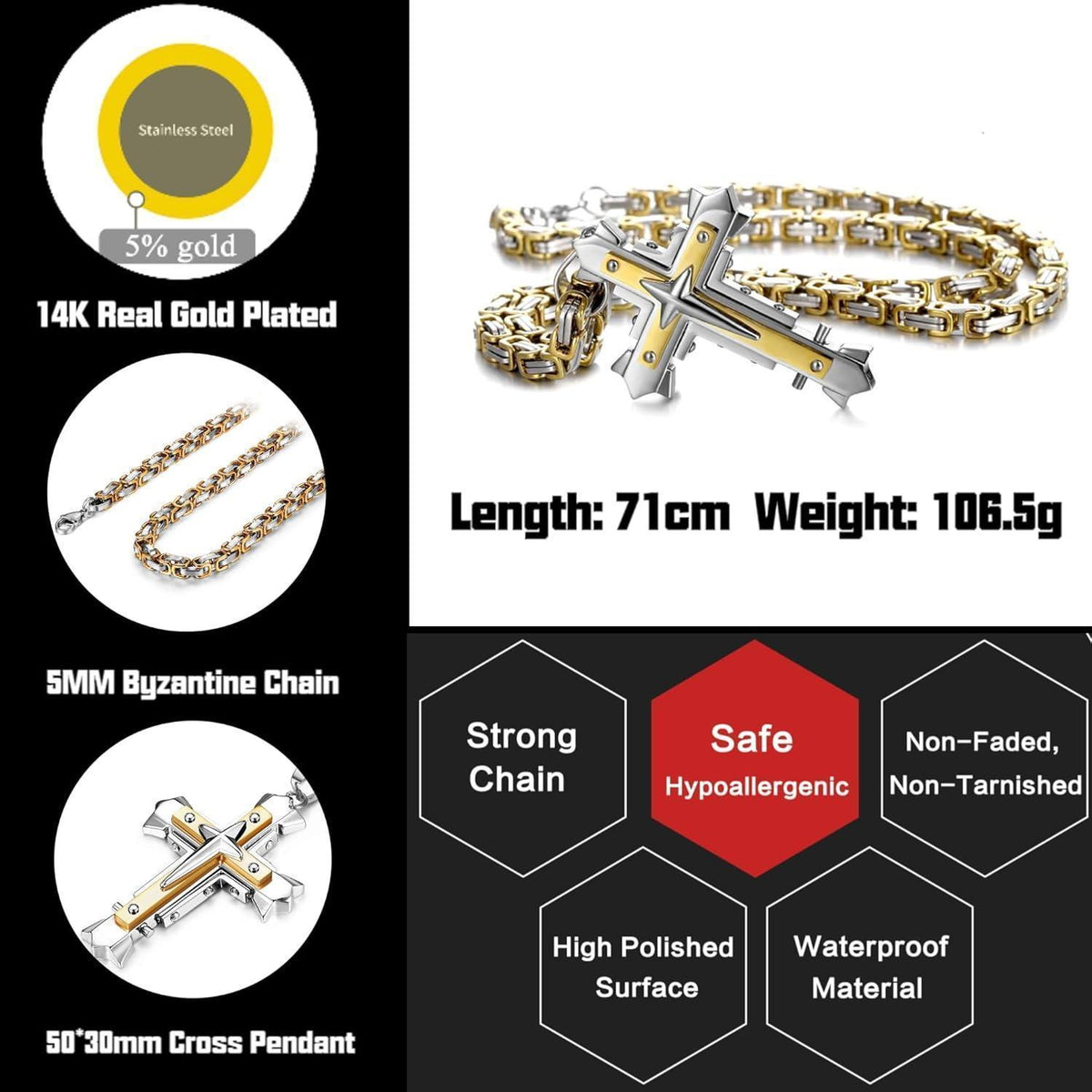 Herren Kreuz Kette Edelstahl Byzantinisch 71cm