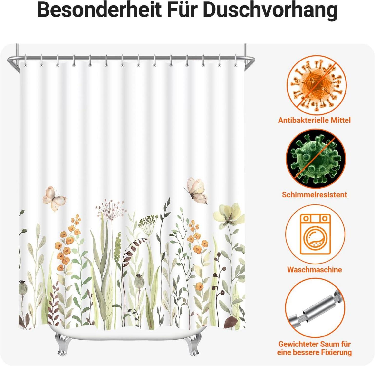 Duschvorhang 200x200cm Schmetterling Blumen, Antischimmel, Wasserabweisend