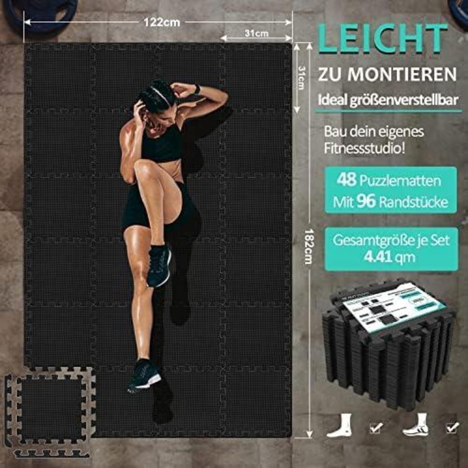 Bodenschutzmatte Fitness Set Schwarz 48 Stück rutschfest