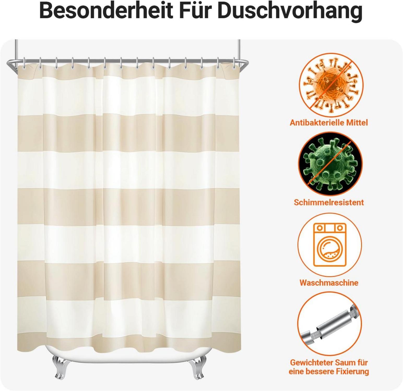 Duschvorhang 240x180cm Beige Streifen Beschwerter Saum Textil wasserabweisend