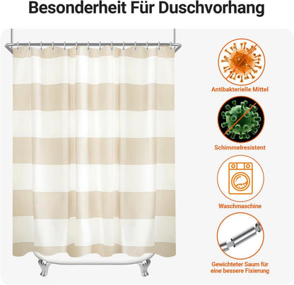 Duschvorhang 240x180cm Beige Streifen Beschwerter Saum Textil wasserabweisend