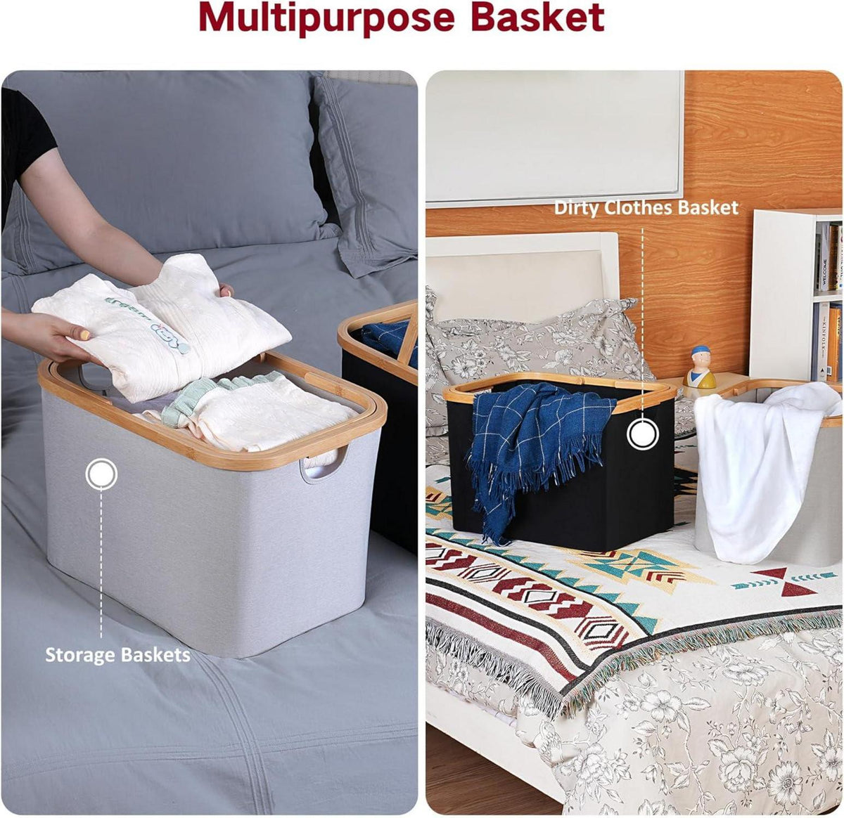 Faltbarer Wäschekorb 43L Bambus Stoff Storage Basket Aufbewahrung Grau