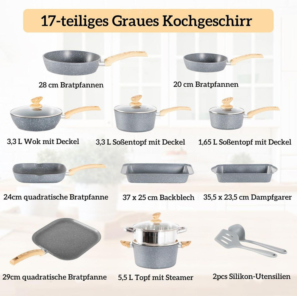 Topfset 17-teilig Induktion Granitbeschichtung Glasdeckel Pfannen