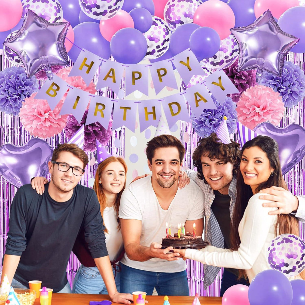Lila Happy Birthday Party Set Mädchen Frauen Deko Luftballons Pompons