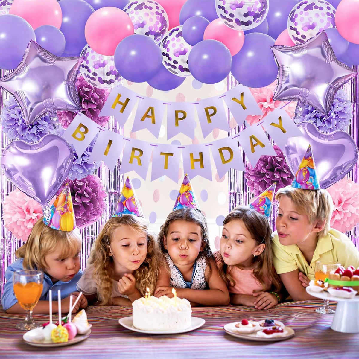 Lila Happy Birthday Dekoration Set Mädchen Violett Rosa Pompons