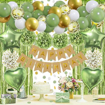 Grüne Geburtstagsdeko Set Pompons Banner Vorhang Luftballons