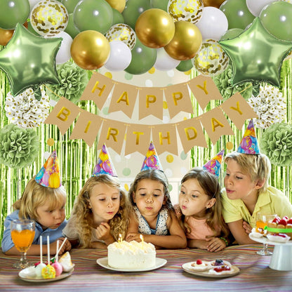 Geburtstagsdeko Grün Pompons Happy Birthday Banner Luftballons Retro