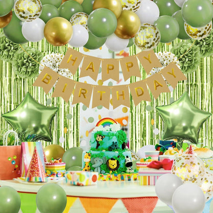 ZERODECO Geburtstagsdeko Grün Pompons Happy Birthday Retro Vorhang Gold Avocado