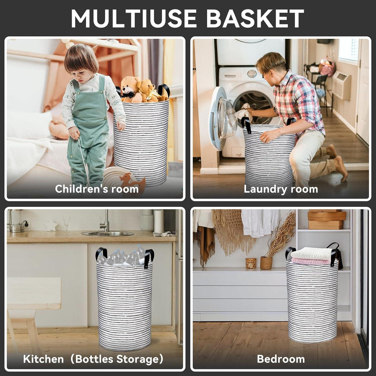 2er Set 60L Faltbare Wäschekorb PU-Ledergriffe wasserdicht Schwarz