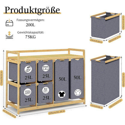 200L Wäschekorb mit 6 Fächern & Wäschesäcken