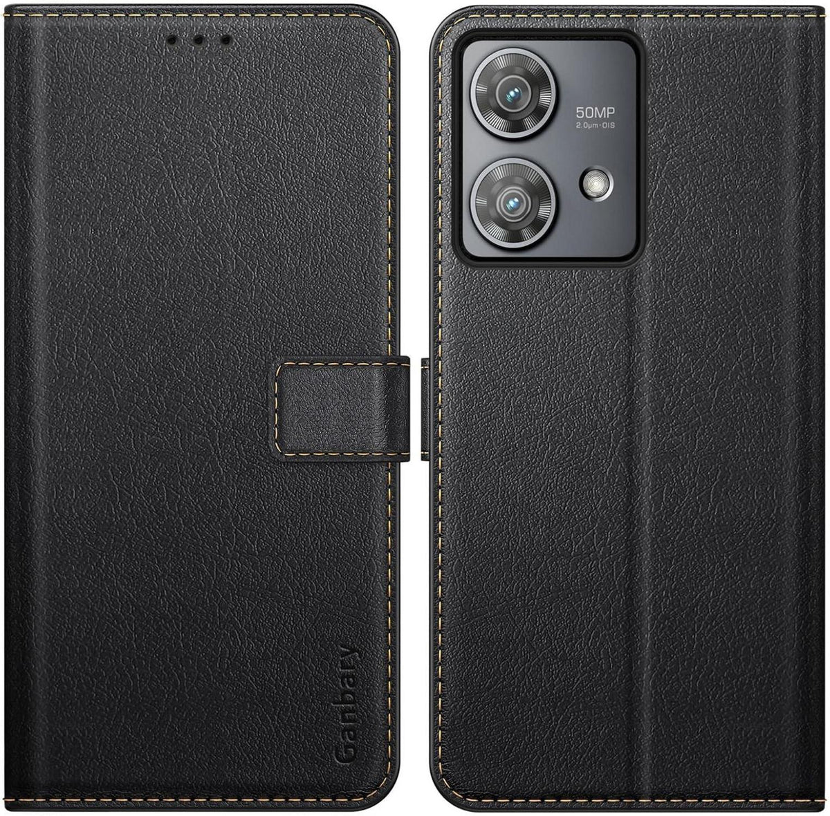 Motorola Edge 40 Neo Handyhülle Schwarz Premium Leder mit Kartenschlitzen & Standfunktion