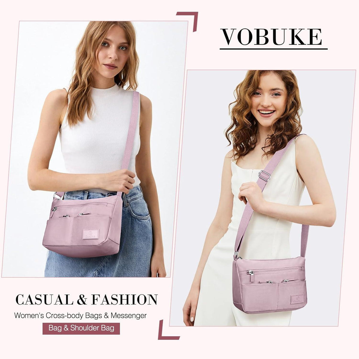Umhängetasche Damen Mittelgroß Wasserdichte Nylon Crossbody Bag Lila