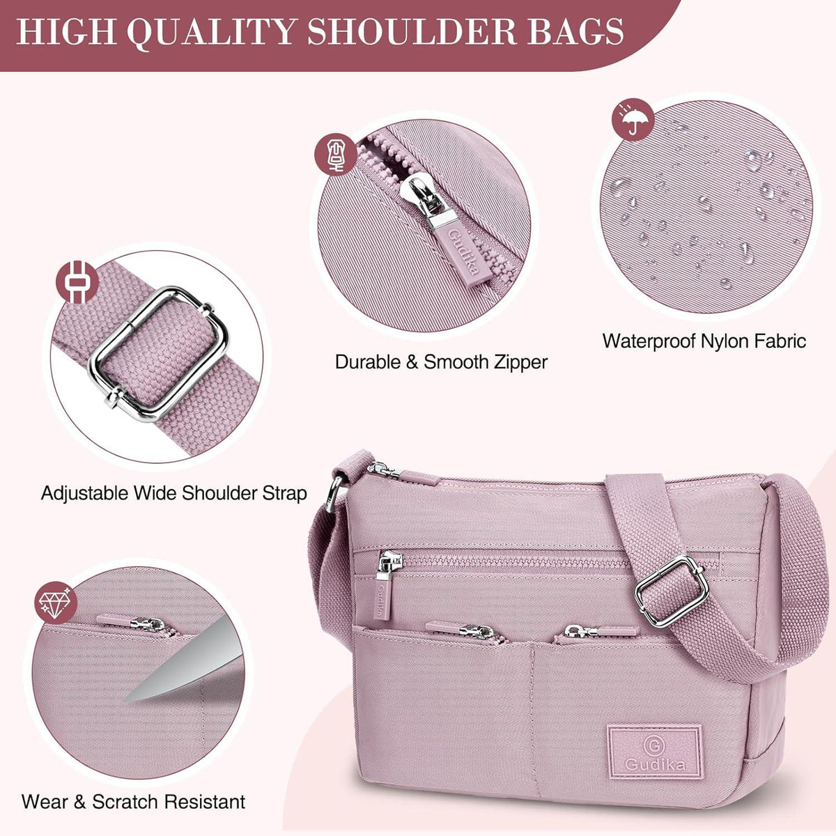 VOBUKE Umhängetasche Damen Mittelgroß Wasserdicht Nylon Crossbody Bag Lila