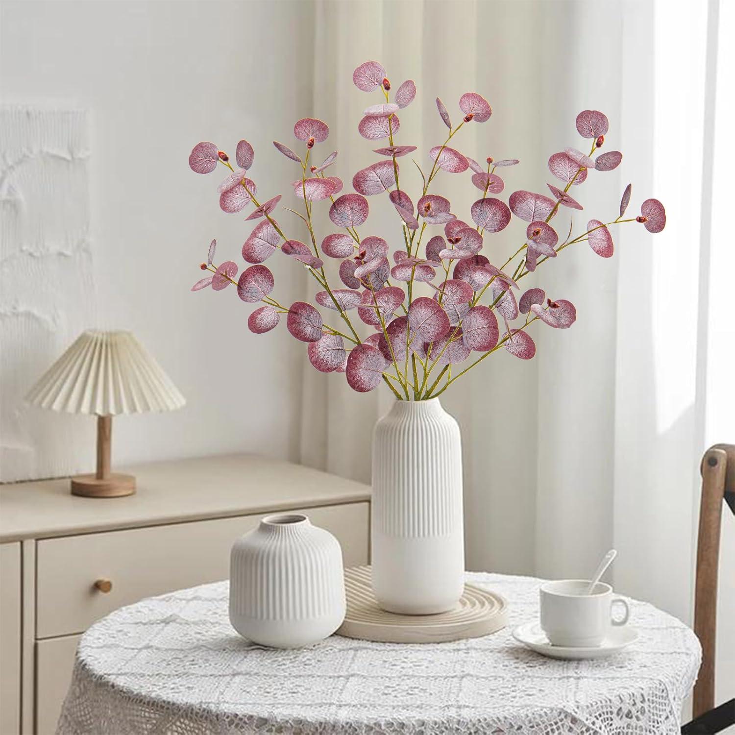 3er Set Künstliche Eukalyptus Zweige 81CM Magenta Rote Blätter