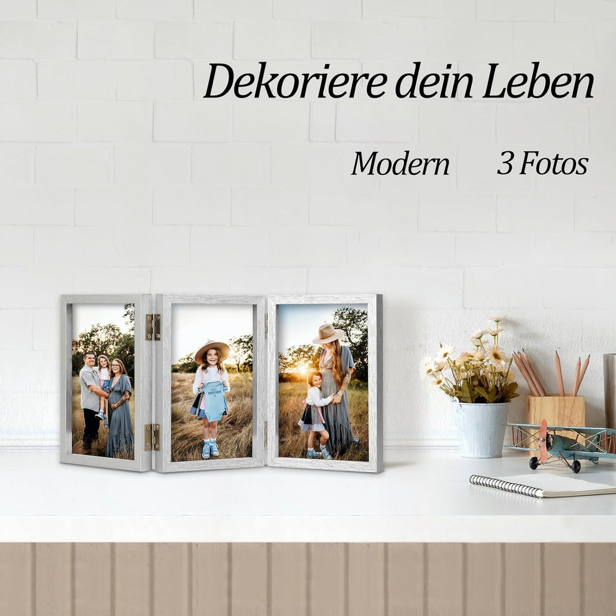 Bilderrahmen für 3 Fotos 10x15 cm klappbar mit Glasfront silberfarben