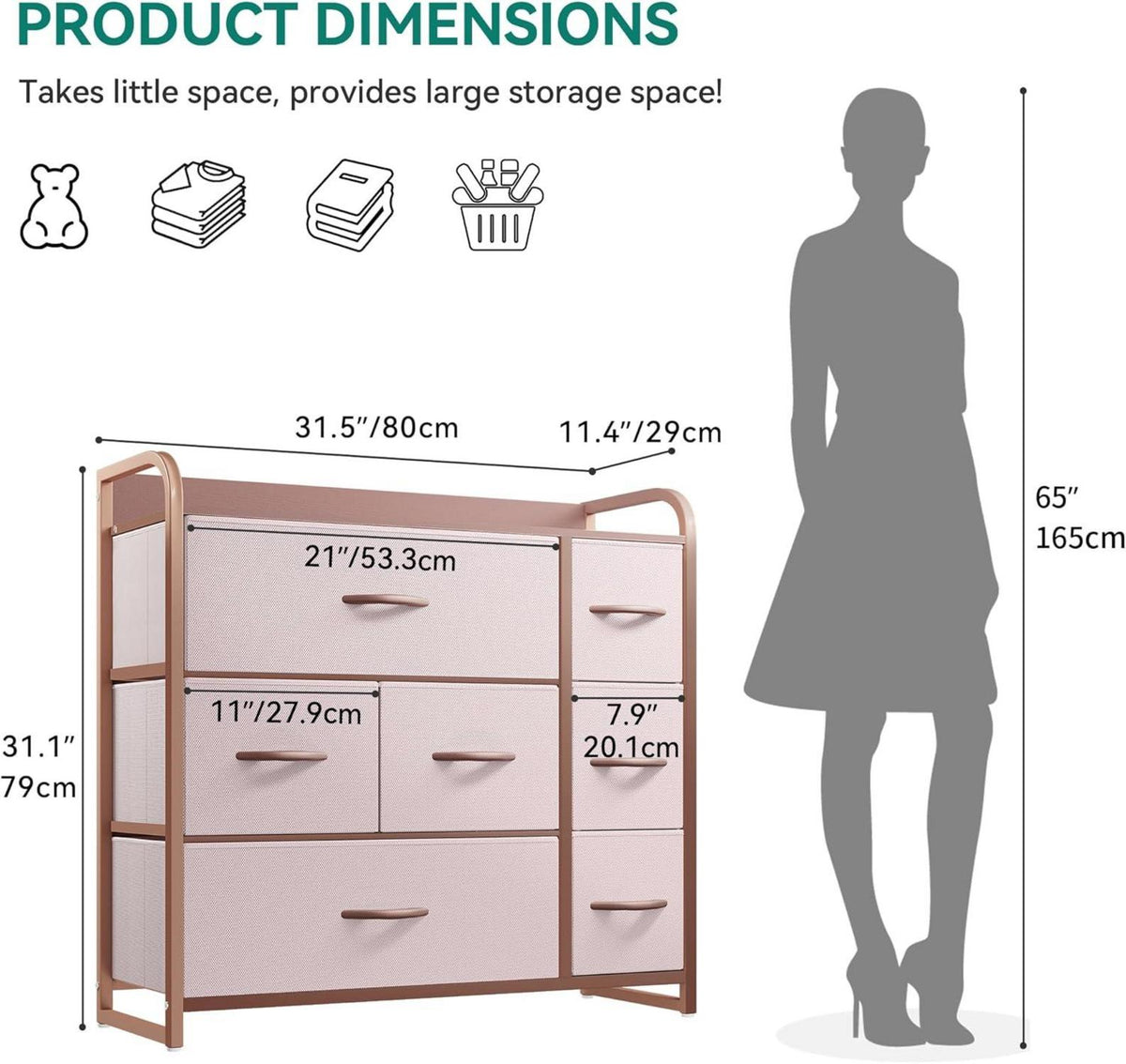 YITAHOME Aufbewahrungskommode mit 7 Schubladen aus Stoff, Rosa