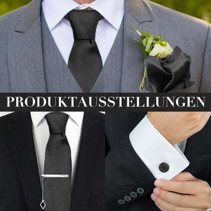 ZOCONE Herren Krawatten Set Schwarz Seide Einstecktuch Manschettenknöpfe
