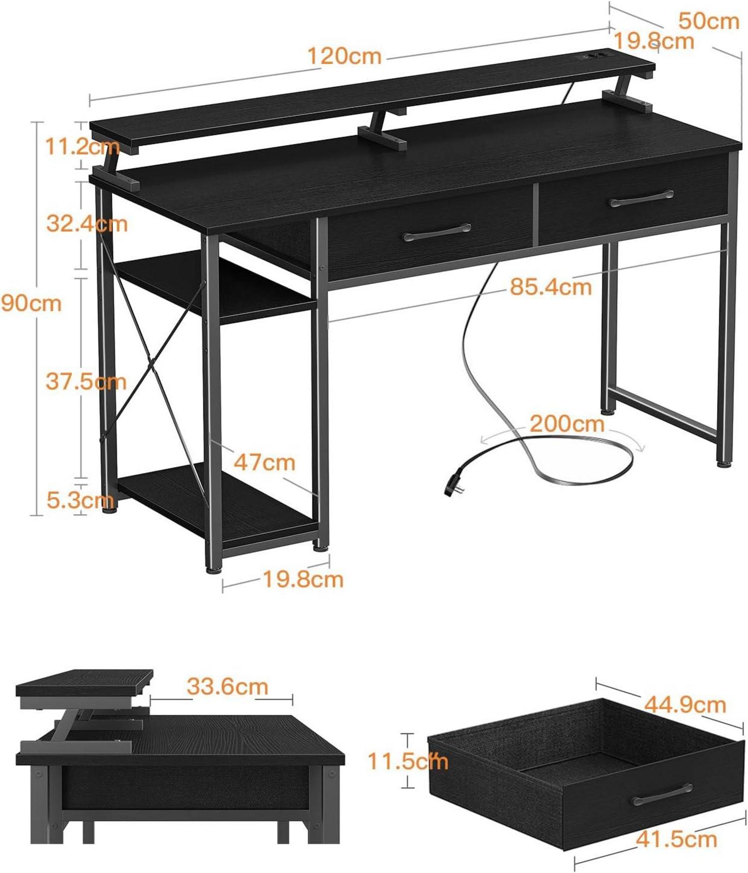 Schreibtisch mit Schubladen und Monitorständer 120x50cm Schwarz