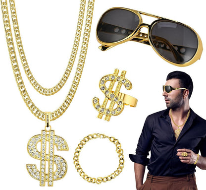 Zuhälter Kostüm Goldene Dollar Kette Set Hip Hop Rapper Accessoires