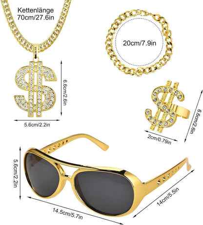 Goldene Dollar Kette Set 70er 80er 90er Jahre Hip Hop Rapper