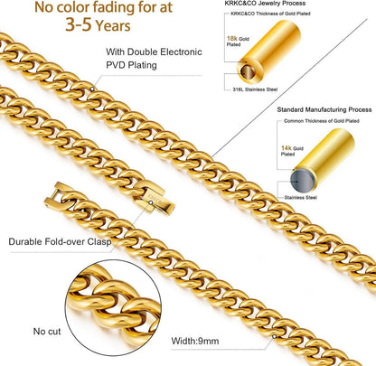 KRKC&CO Herren Panzerkette Edelstahl 9mm 18K Gold Vergoldet Cuban Link 55.9cm