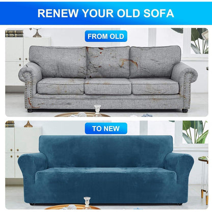 Samt Sofaüberzug 3-Sitzer, Rutschfest & Pflegleicht, Pfau Blau
