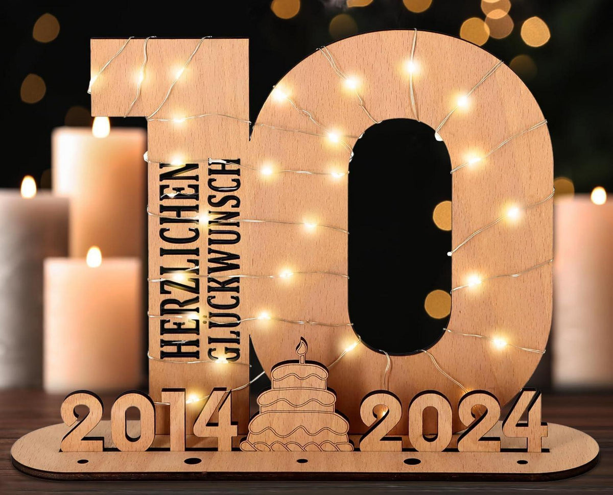 Originelles 10. Geburtstag Geldgeschenk LED Lichterkette Holz