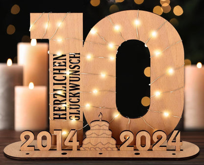 Originelles 10. Geburtstag Geldgeschenk LED Lichterkette Holz