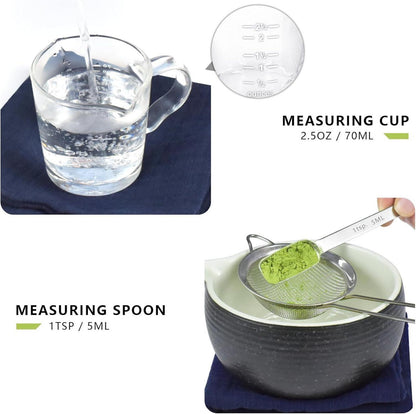 Japanisches Matcha-Tee-Set blau - Schüssel, Schneebesen, Teeschaufel, Pulversieb; perfektes