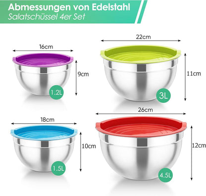 TEAMFAR Rührschüssel Set Edelstahl 4,5/3/1,5/1,2L mit Deckel