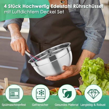 TEAMFAR Rührschüssel Set 4-teilig Edelstahl Salatschüssel Luftdicht Deckel 4,5/3/1,5/1,2L optimal Backen Spülmaschinenfest