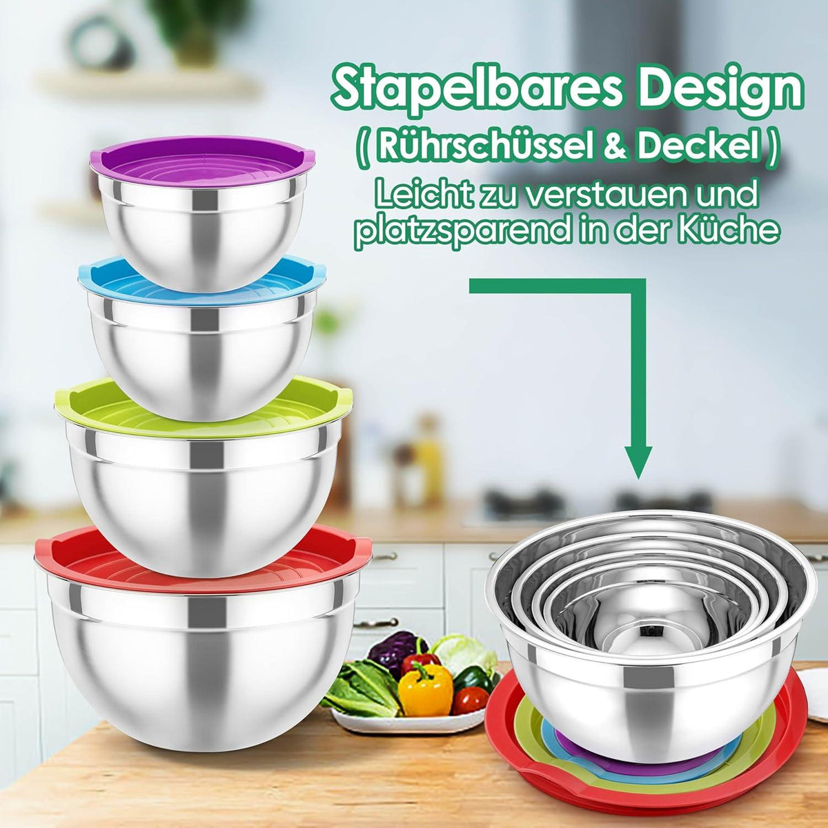 Edelstahl Rührschüssel Set 4-teilig mit Luftdicht Deckel 4,5/3/1,5/1,2L