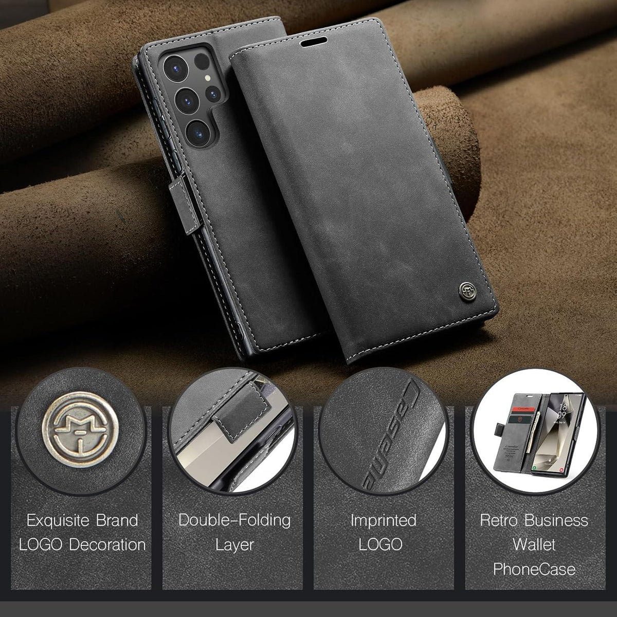 Handyhülle Samsung Galaxy S24 Ultra 5G Leder Flip Case Tasche Grau