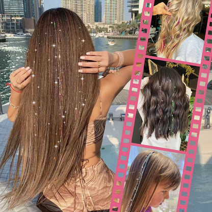 Silbernes Haar Lametta Set – 1200 Strähnen Glitzer Haarverlängerung