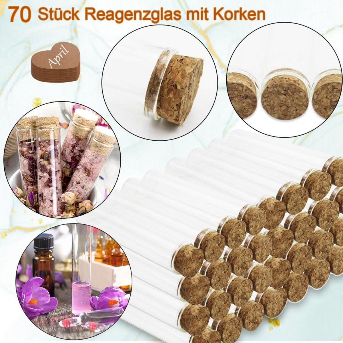 Reagenzgläser mit Korken - 70 Stück (100x16mm) für Blumen, Hochzeit, DIY, Basteln - transparentes Kunststoffmaterial