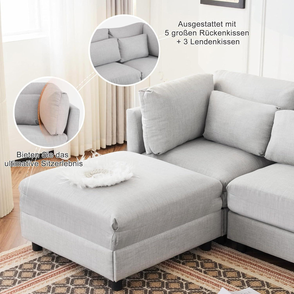 Schlafsessel ZYLOYAL10 – Modernes Sofa mit Chaiselongue & Stauraum (Hellgrau)
