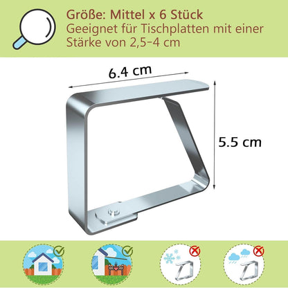 6er Set Tischtuchklammern Edelstahl für 2,5-4cm Tischplatten