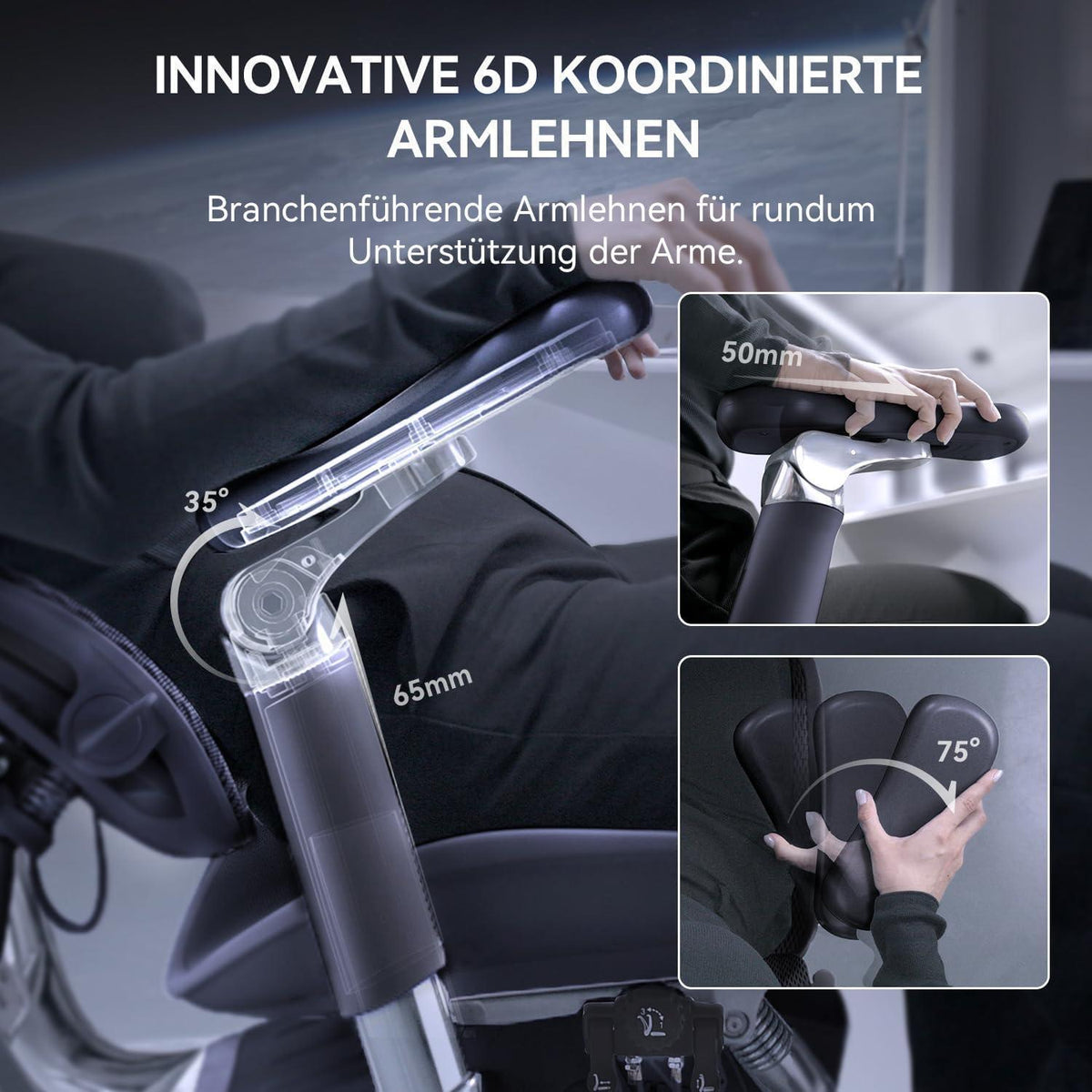 Ergonomischer Bürostuhl mit 6D-Armlehnen und Lendenwirbelstütze