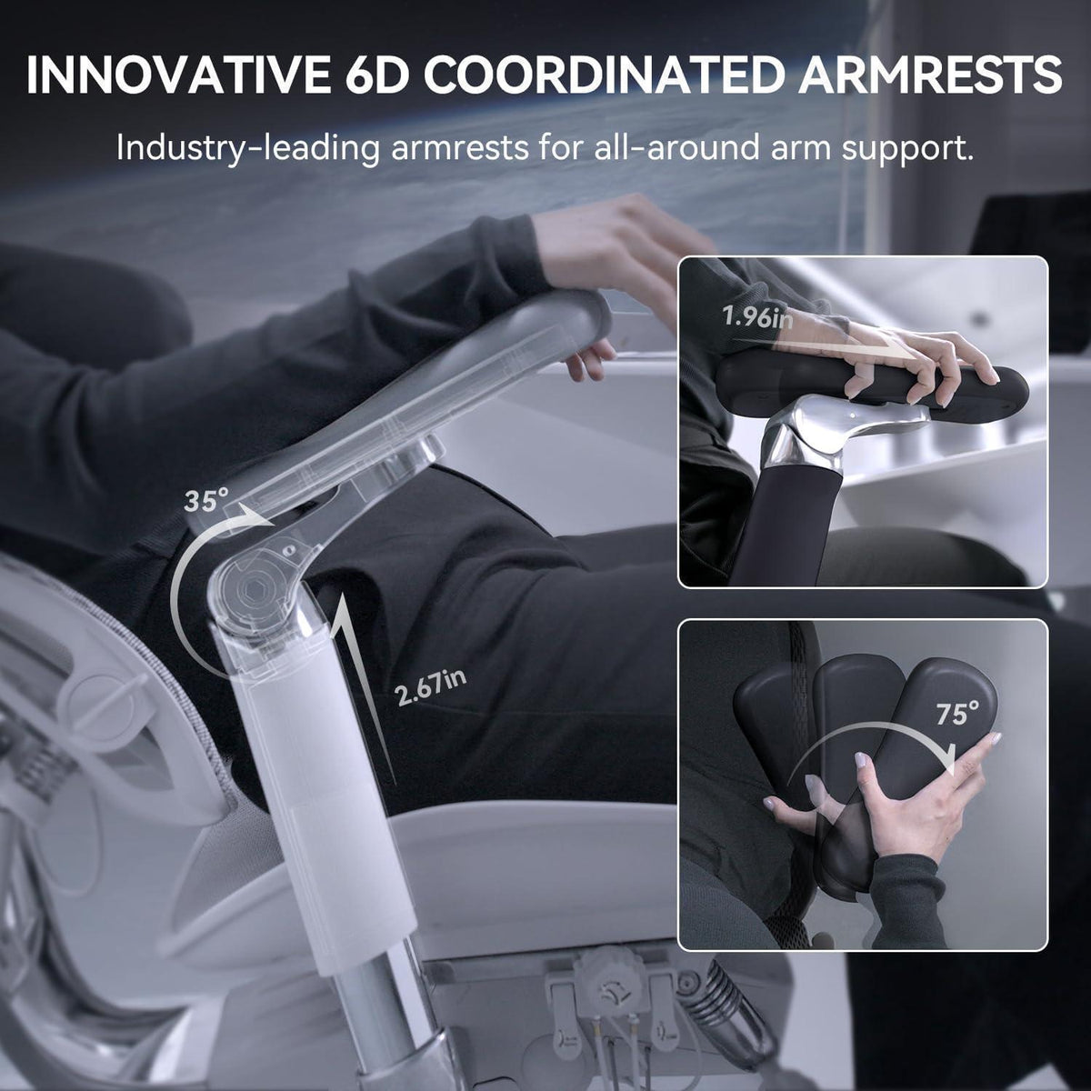 Ergonomischer Bürostuhl mit 6D-Armlehnen und Lendenwirbelstütze (Weiß)