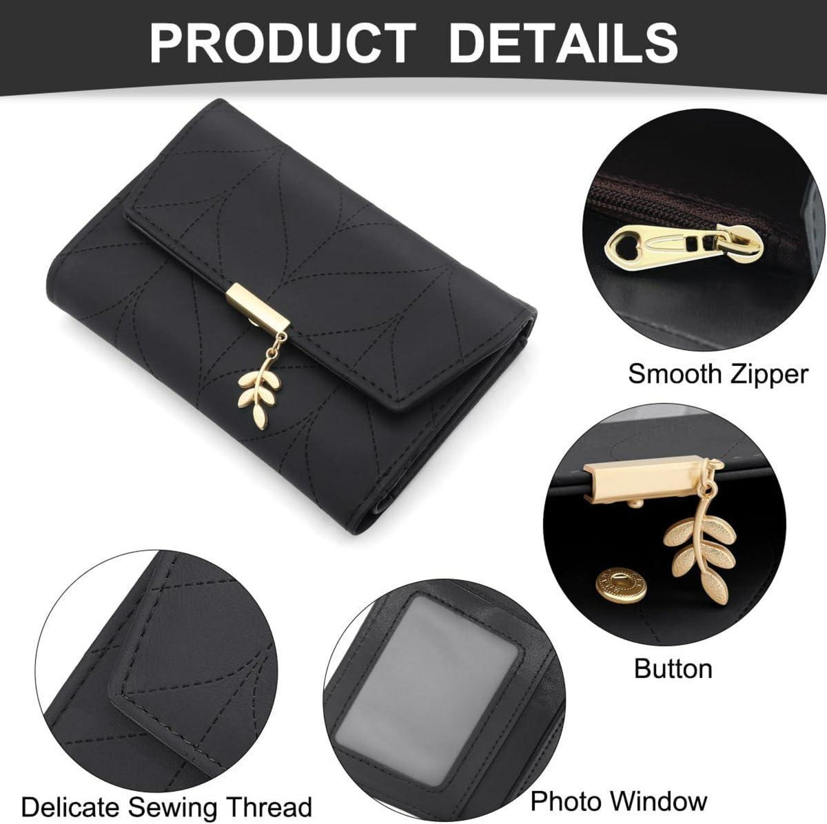 Damen Geldbeutel Vegan Leder Mini Portmonee Schwarz