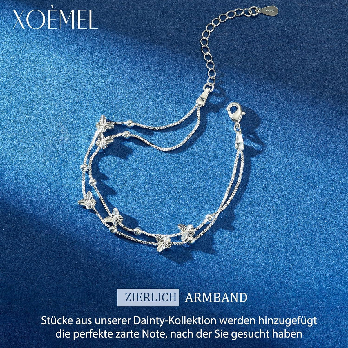 XOEMEL Schmetterling Armband Damen Silber 925 Rosegold Perlen Layered 17,7 Zoll