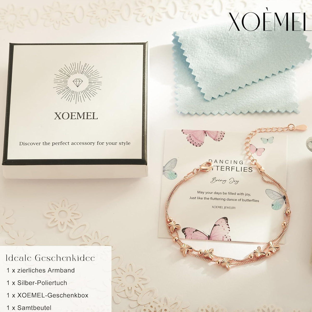 Silber Armband Damen Schmetterlinge mit Perlen, rosévergoldet