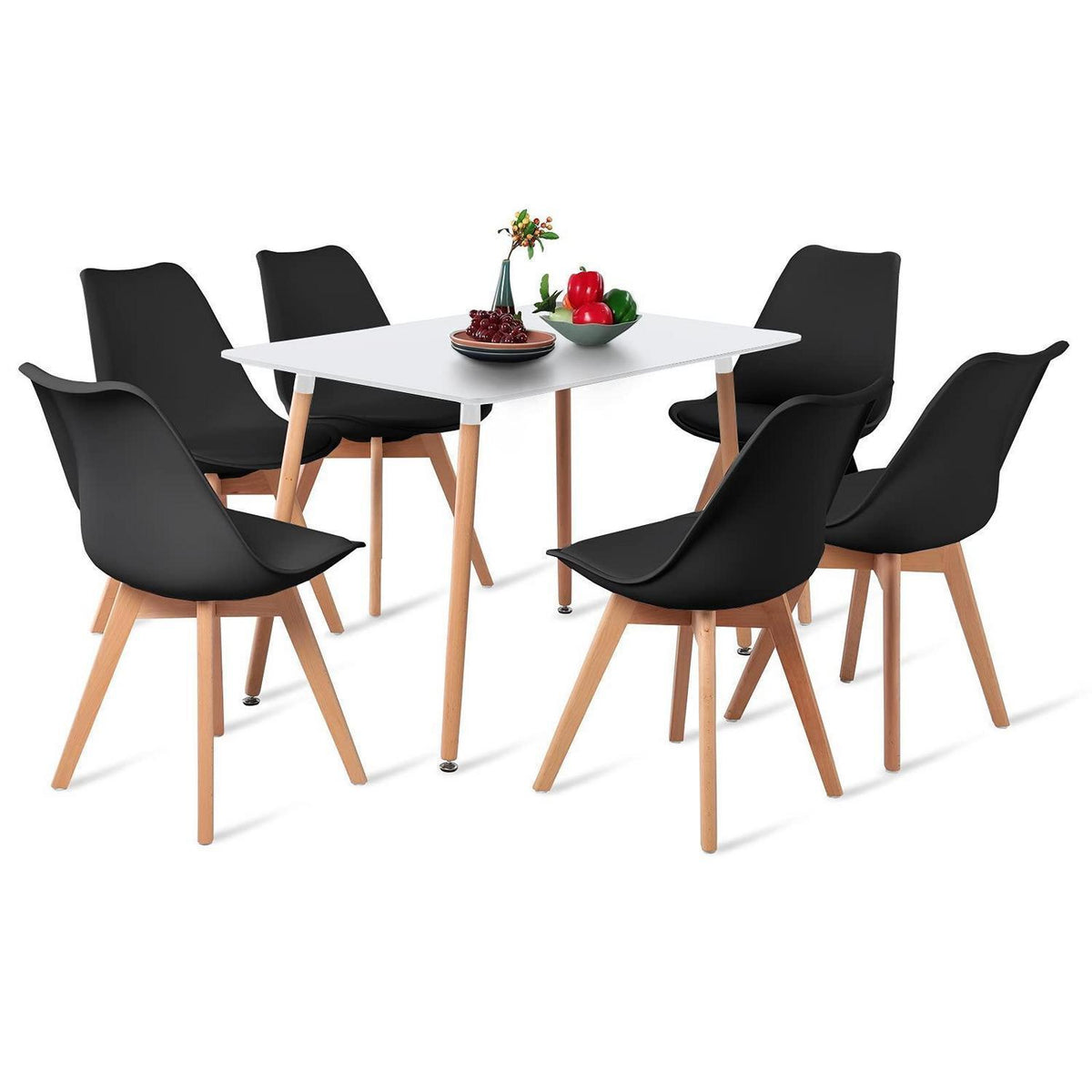 Rechteckiges Esszimmer-Set mit 6 Stühlen | Weißer Tisch + Schwarz