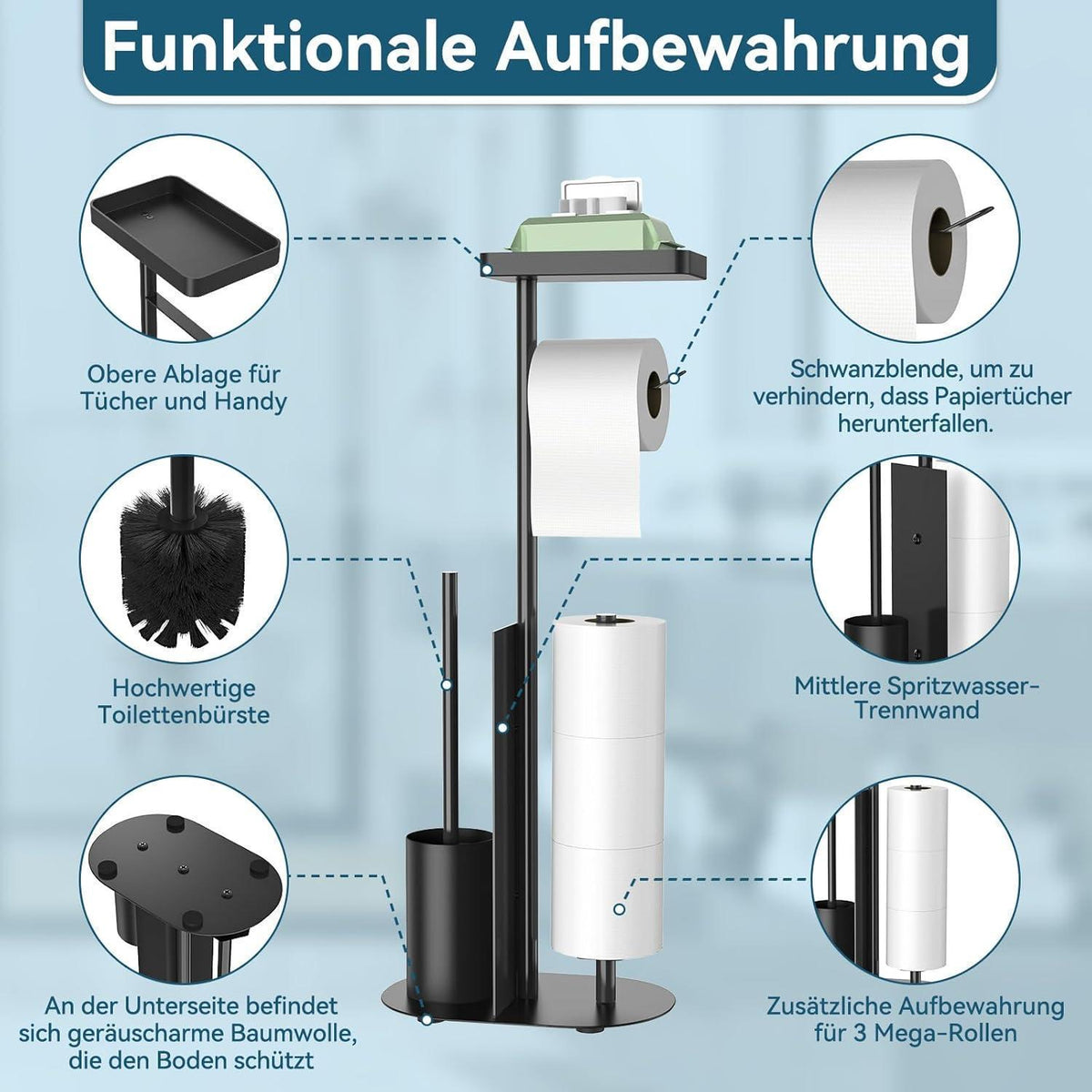 Stehender Toilettenpapierhalter mit Klobürste & Ablage Schwarz Matt