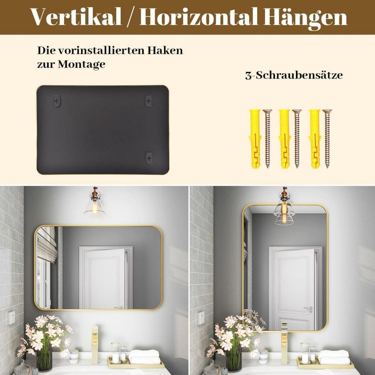 Moderner Badspiegel 75x122cm Gold – Wandspiegel mit Metallrahmen